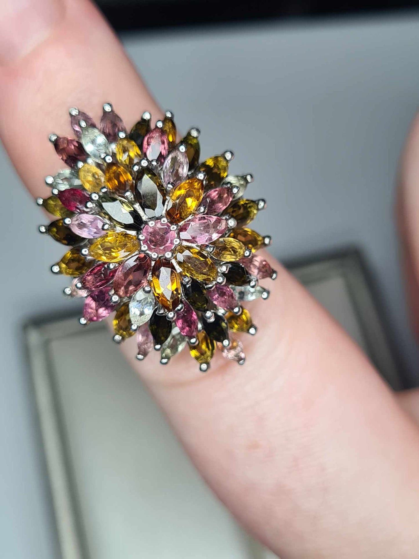 6.75 Ct Tourmaline Floral Cocktail Ring 925 Sterling Silver with a platinum overlay SIZE K