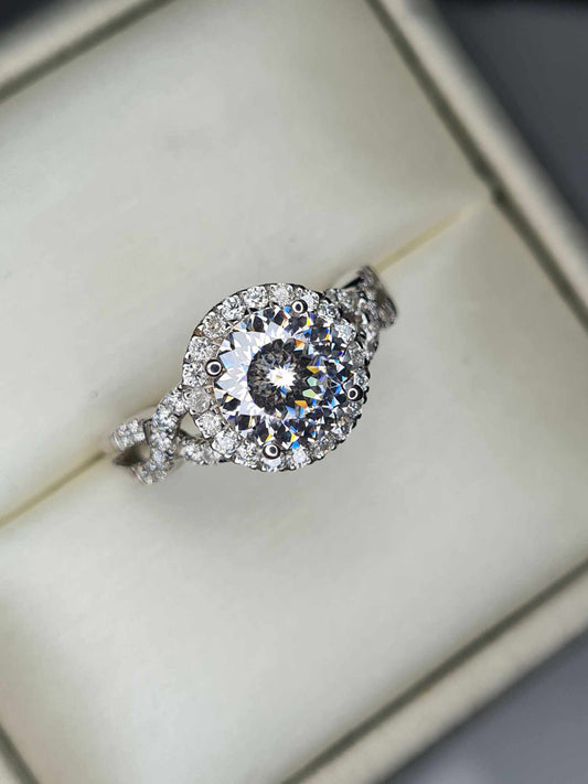 2.11ct Moissanite Halo Ring 925 Sterling Silver with platinum overlay SIZE O