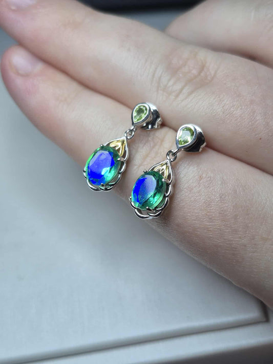 3.26ct Peacock Triplet Quartz & Peridot Dangling Earrings 925 Sterling Silver
