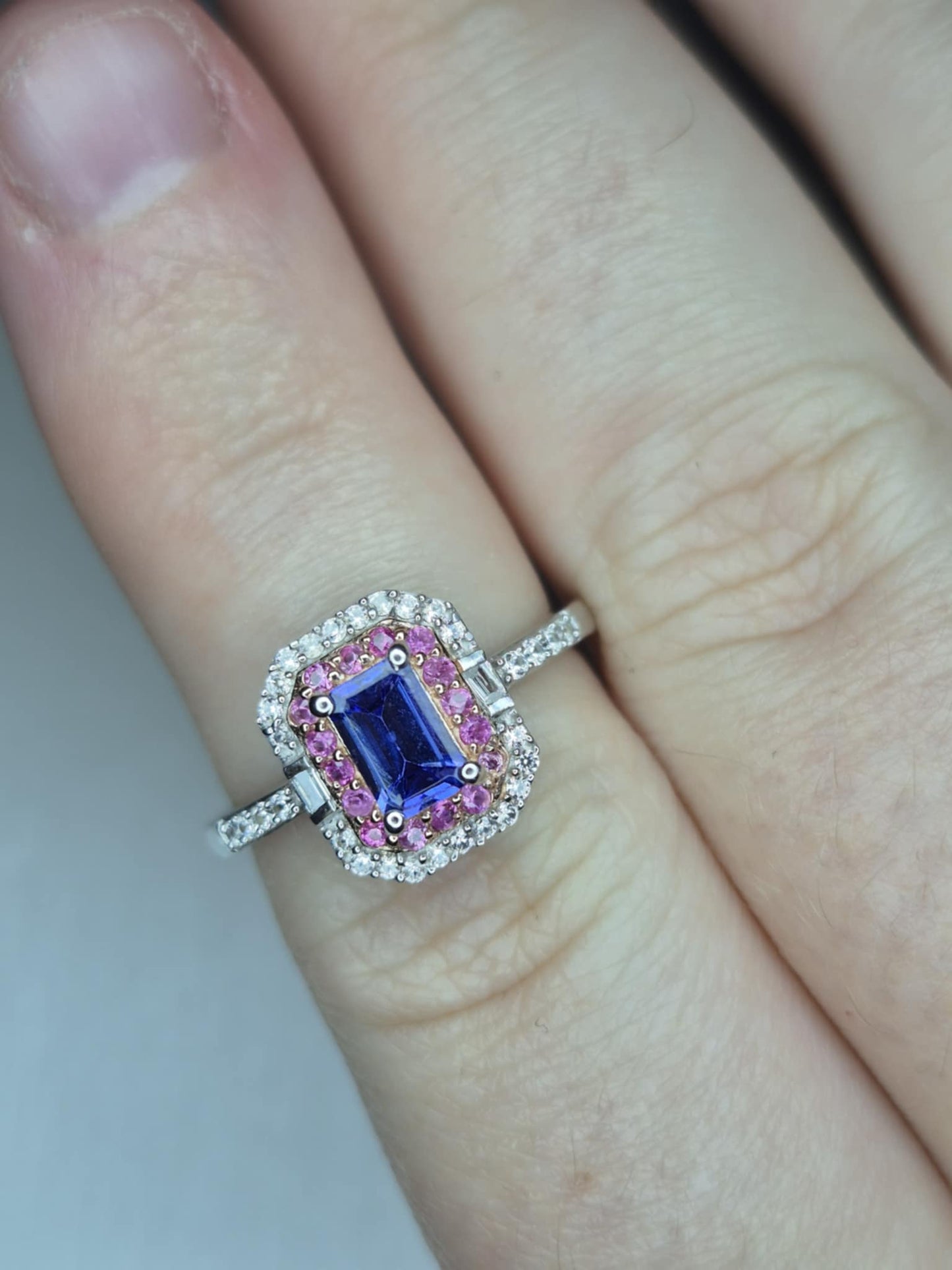 Tanzanite & Pink Sapphire Halo Ring in 18K Rose Gold Overlay 925 Sterling Silver