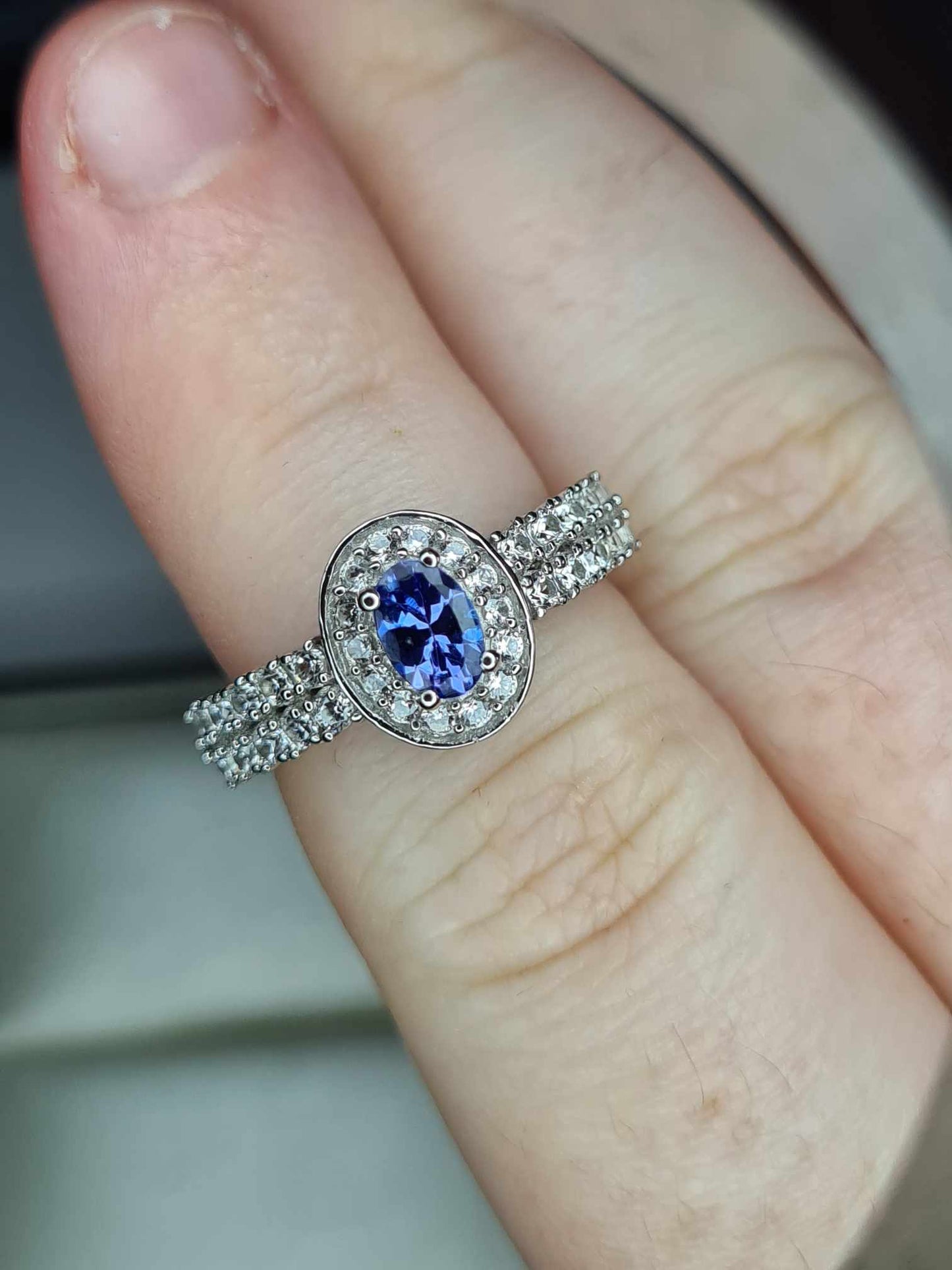 1.35ct AAA Tanzanite & Natural Zircon Ring in Platinum Overlay 925 Sterling Silver SIZE L