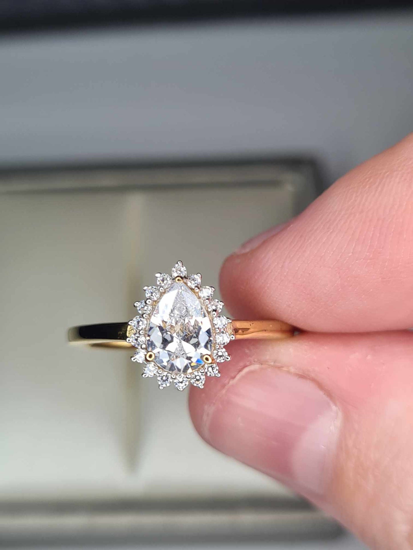 1.280ct Cubic Zirconia Pear Cut Halo Ring 18k gold overlay 925 sterling silver SIZE L