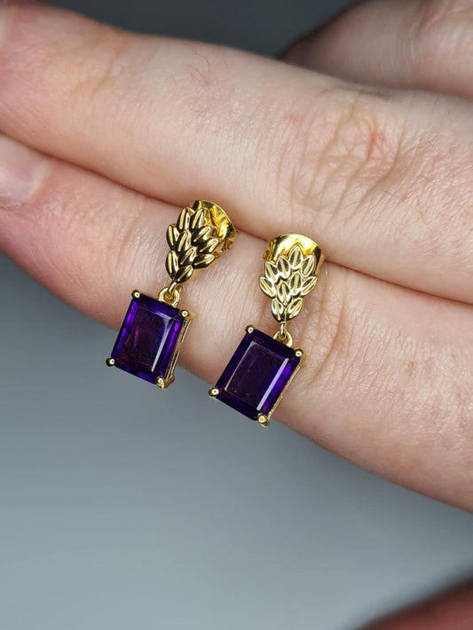 3.16ct AAA African Amethyst Dangling Earrings 18K Gold Overlay 925 Sterling Silver
