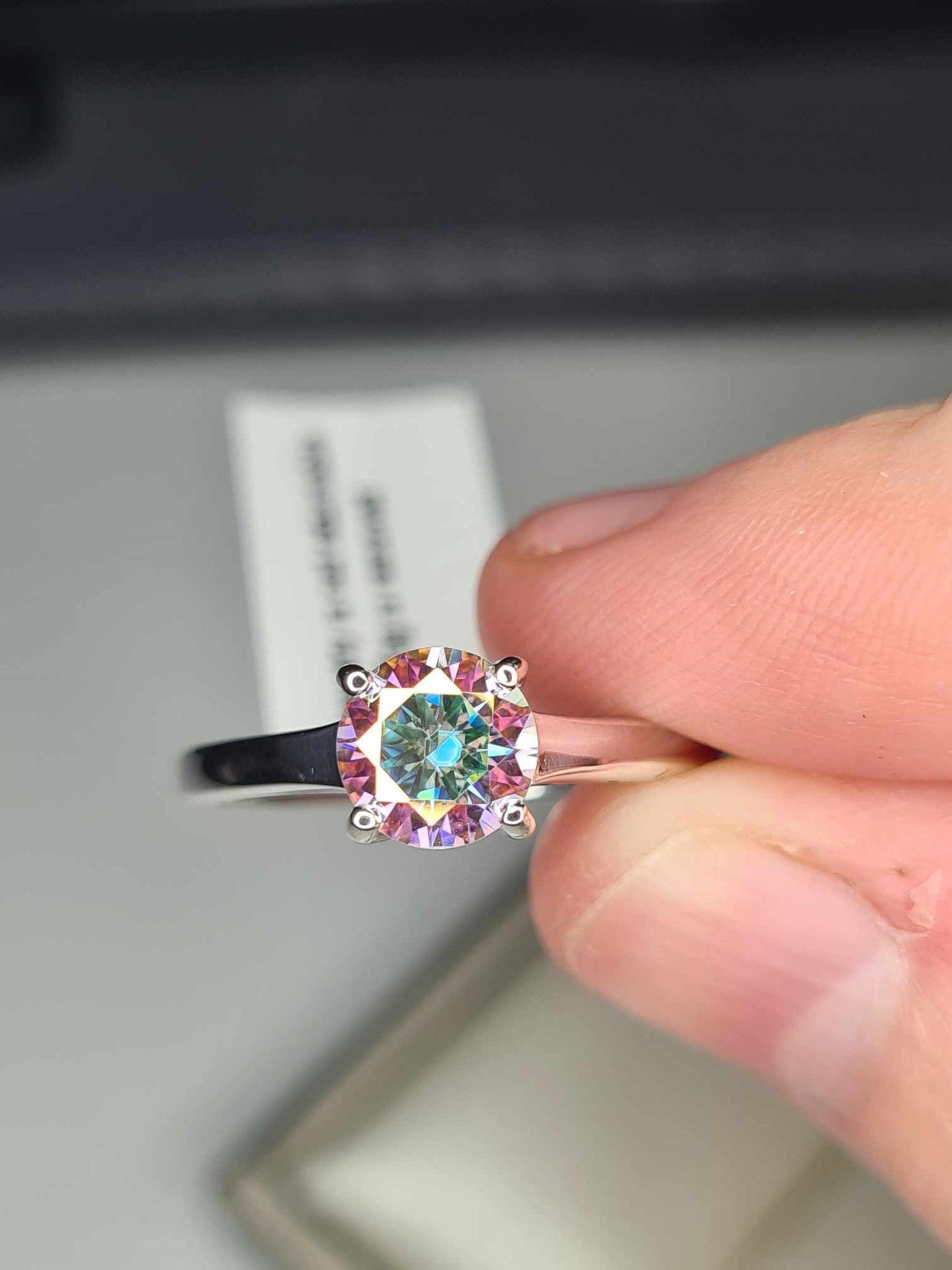 1ct Rainbow Moissanite Solitaire Ring in Rhodium Overlay Sterling Silver SIZES N,O, P