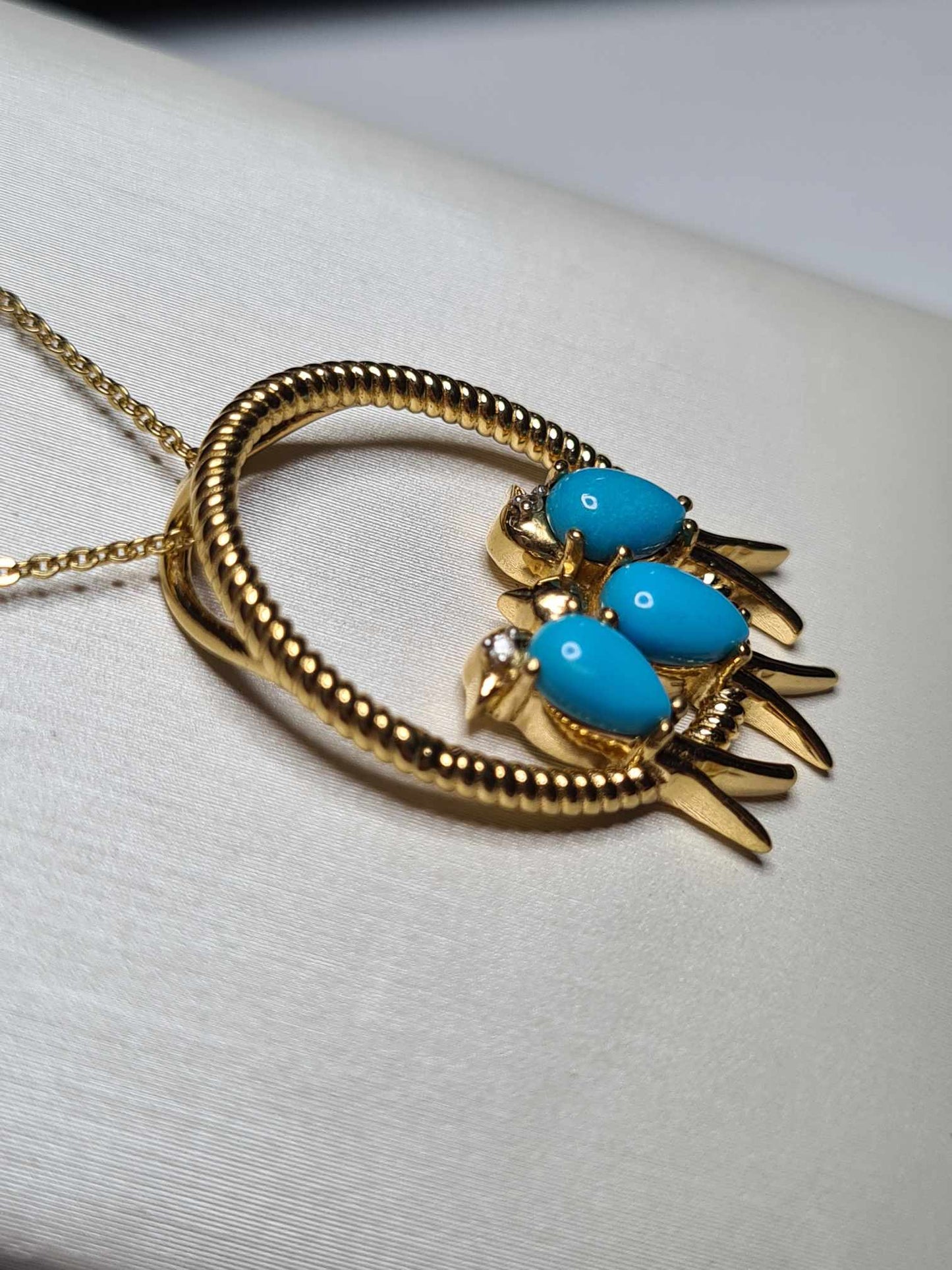 1.23 Ct Bird Arizona Sleeping Beauty Turquoise & Zircon Necklace 18k gold overlay 925 sterling silver