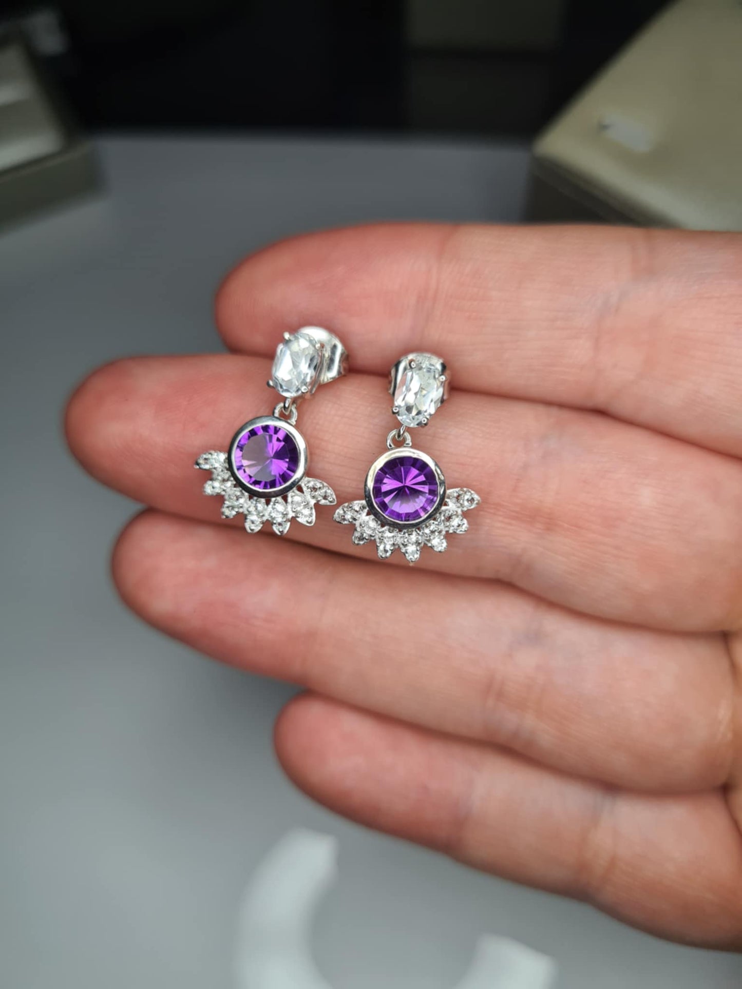 Zambian Amethyst, White Topaz Solitaire Dangle Earrings in Rhodium Overlay 925 Sterling Silver