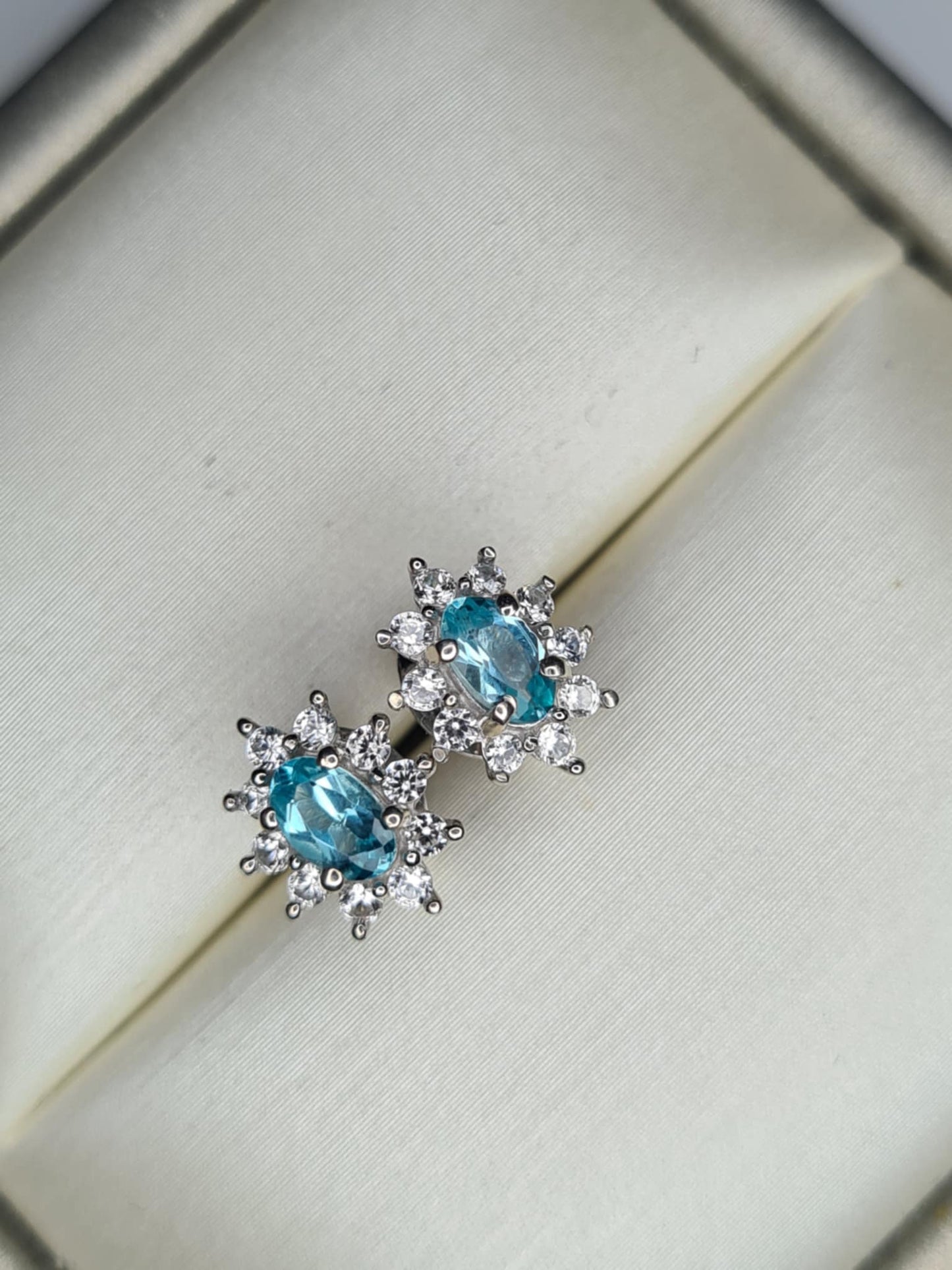 0.90ct Blue Lagoon Apatite and Natural Zircon Halo Earrings in Rhodium Overlay 925 Sterling Silver