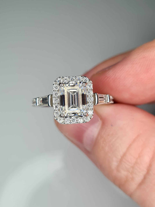 2.42 Ct Moissanite Halo Ring in 925 Sterling Silver with Rhodium Overlay SIZE Q