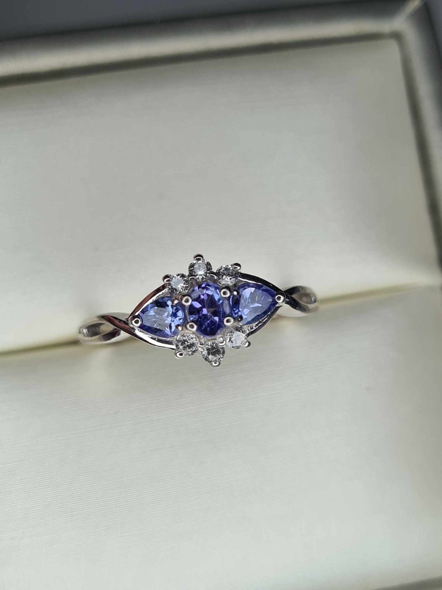 0.661ct Tanzanite & White Zircon Three Stone Ring in Platinum Overlay 925 Sterling Silver SIZE L