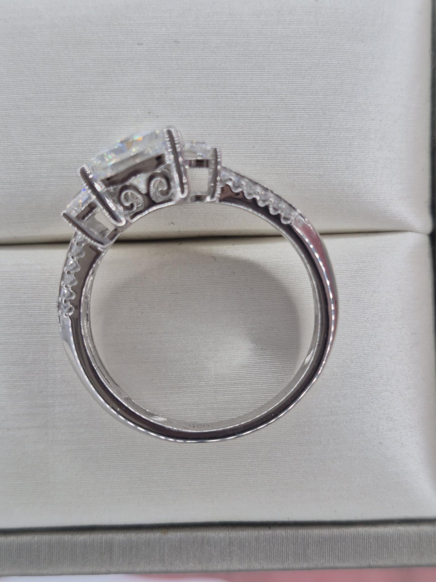 3.70ct Moissanite Trilogy Ring in Rhodium Overlay 925 Sterling Silver SIZE S