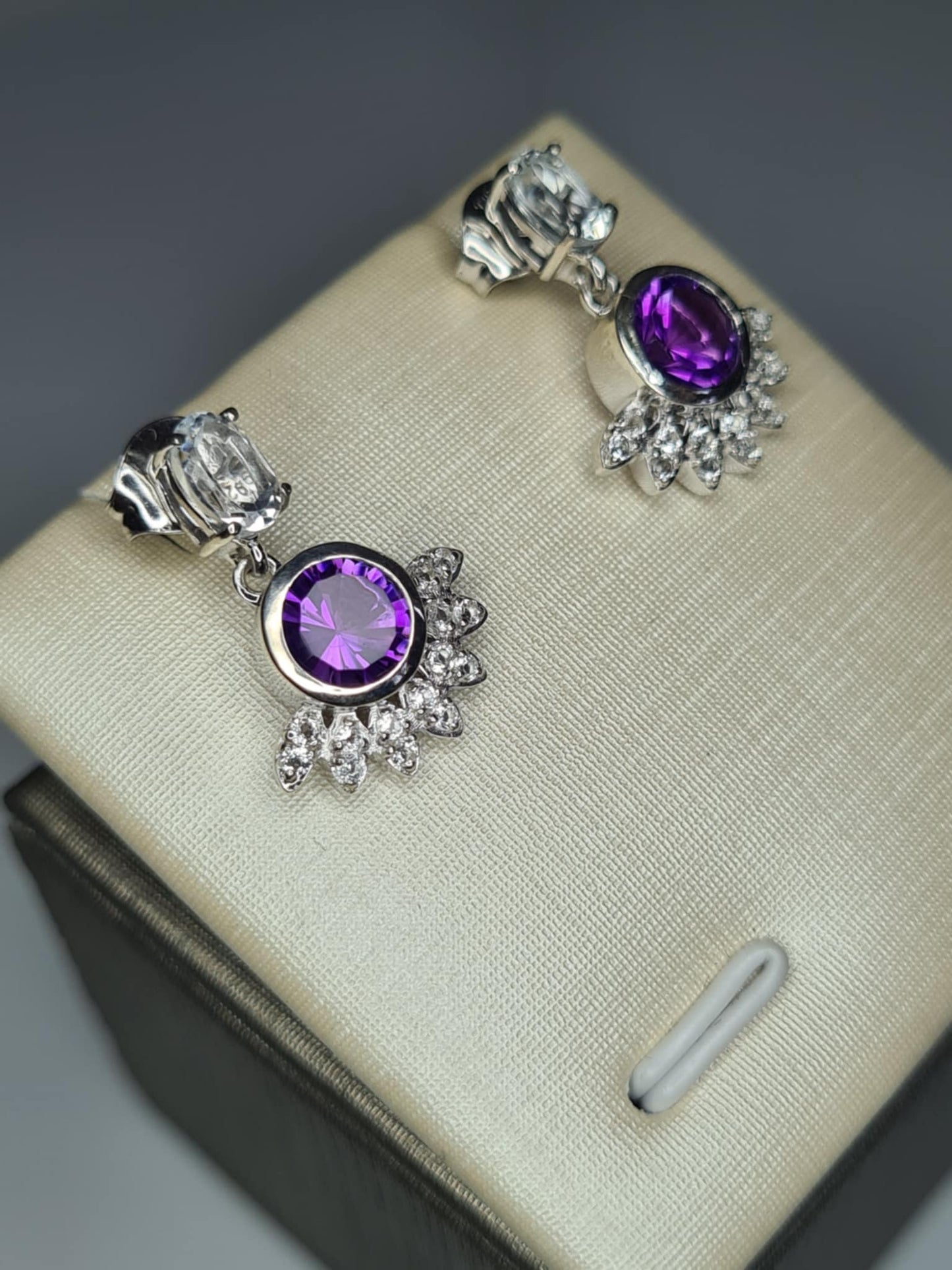 Zambian Amethyst, White Topaz Solitaire Dangle Earrings in Rhodium Overlay 925 Sterling Silver