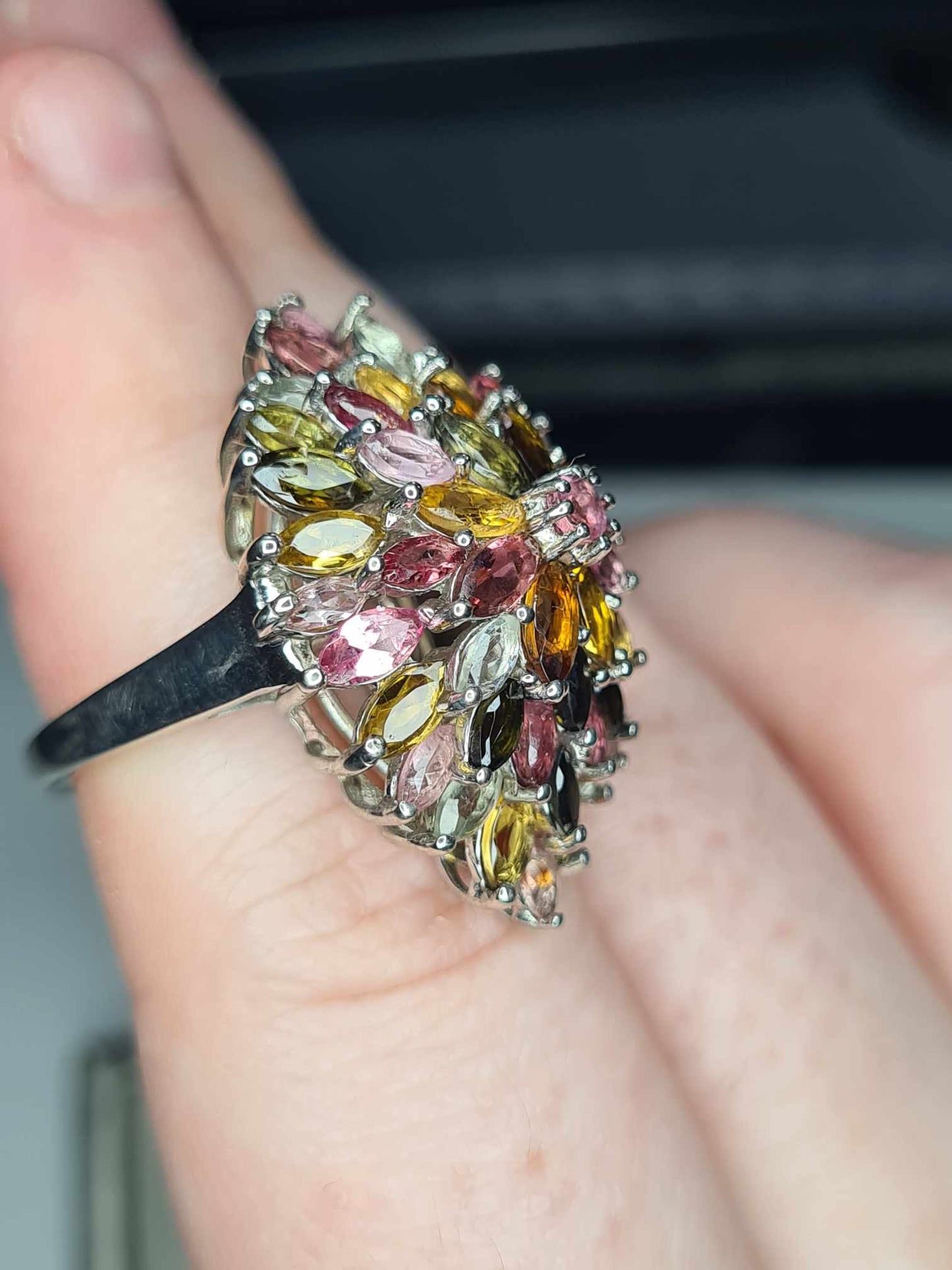 6.75 Ct Tourmaline Floral Cocktail Ring 925 Sterling Silver with a platinum overlay SIZE K