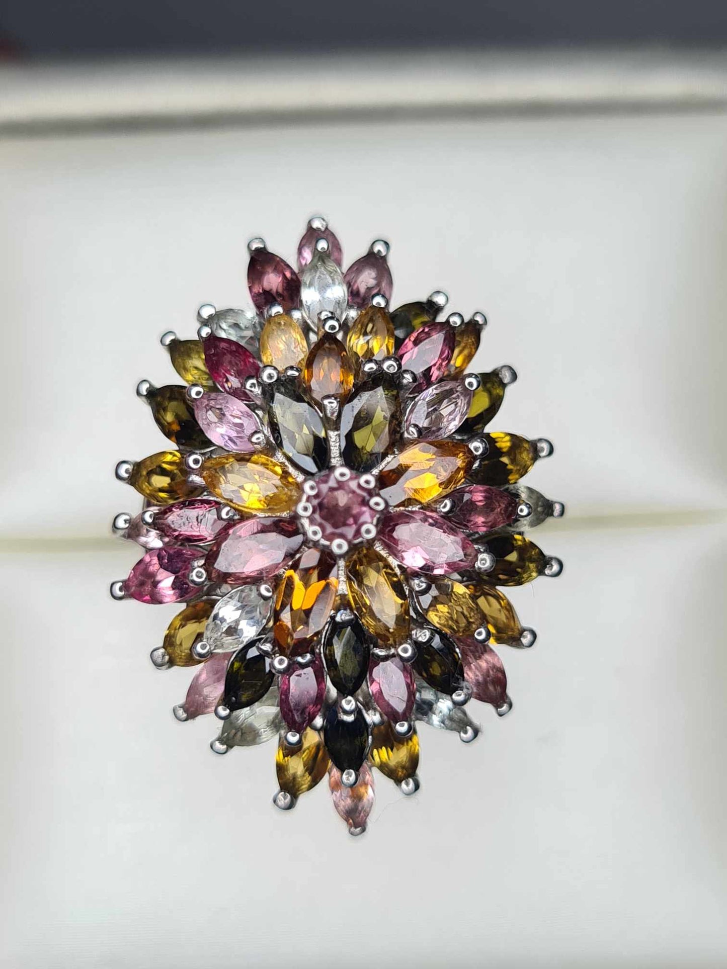 6.75 Ct Tourmaline Floral Cocktail Ring 925 Sterling Silver with a platinum overlay SIZE K