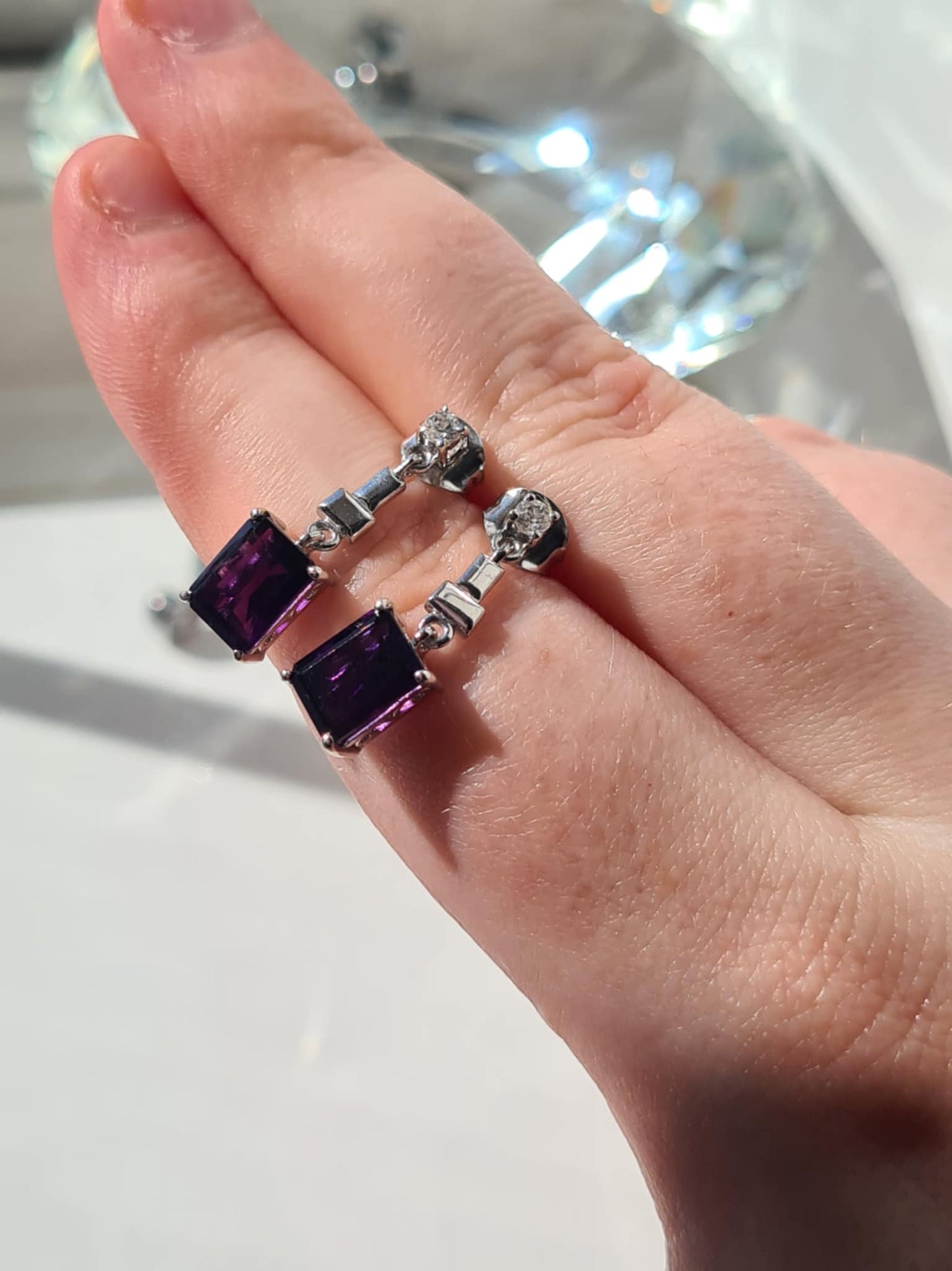 3.24ct AAA African Amethyst & White Zircon Dangling Earrings in Rhodium Overlay 925 Sterling Silver