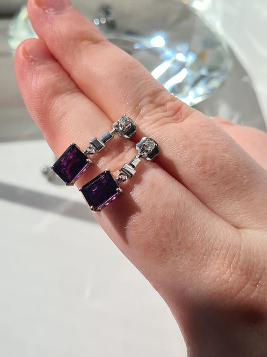 3.24ct AAA African Amethyst & White Zircon Dangling Earrings in Rhodium Overlay 925 Sterling Silver