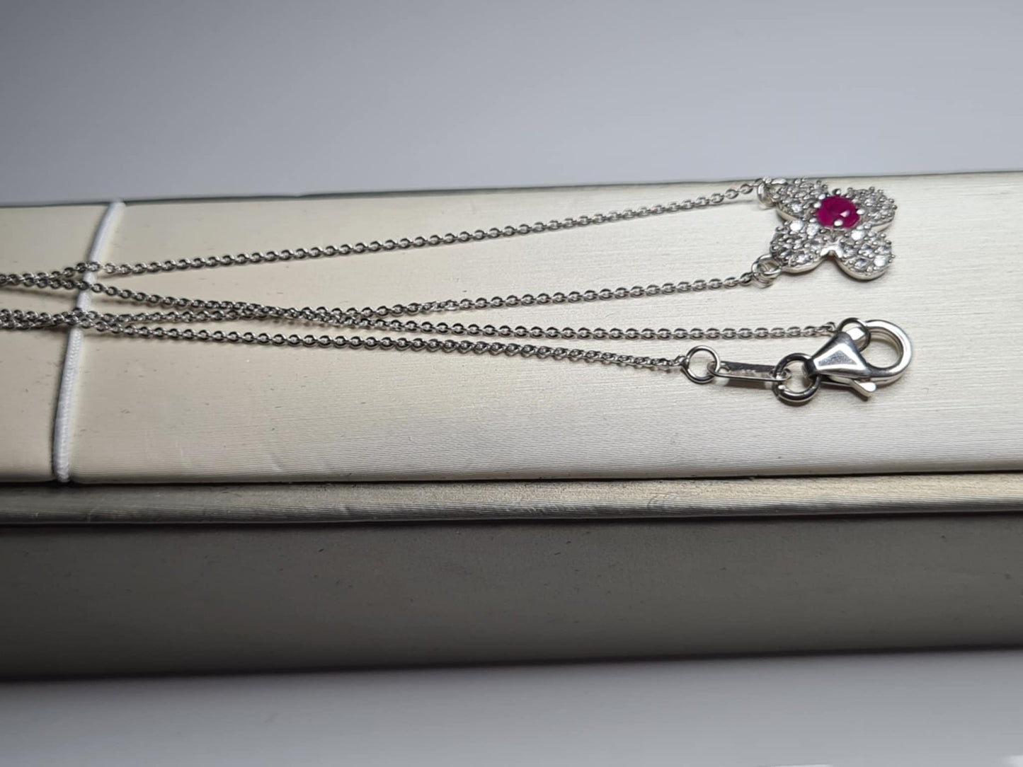 Mozambique Ruby, White Zircon Floral Necklace in Rhodium Overlay 925 Sterling Silver