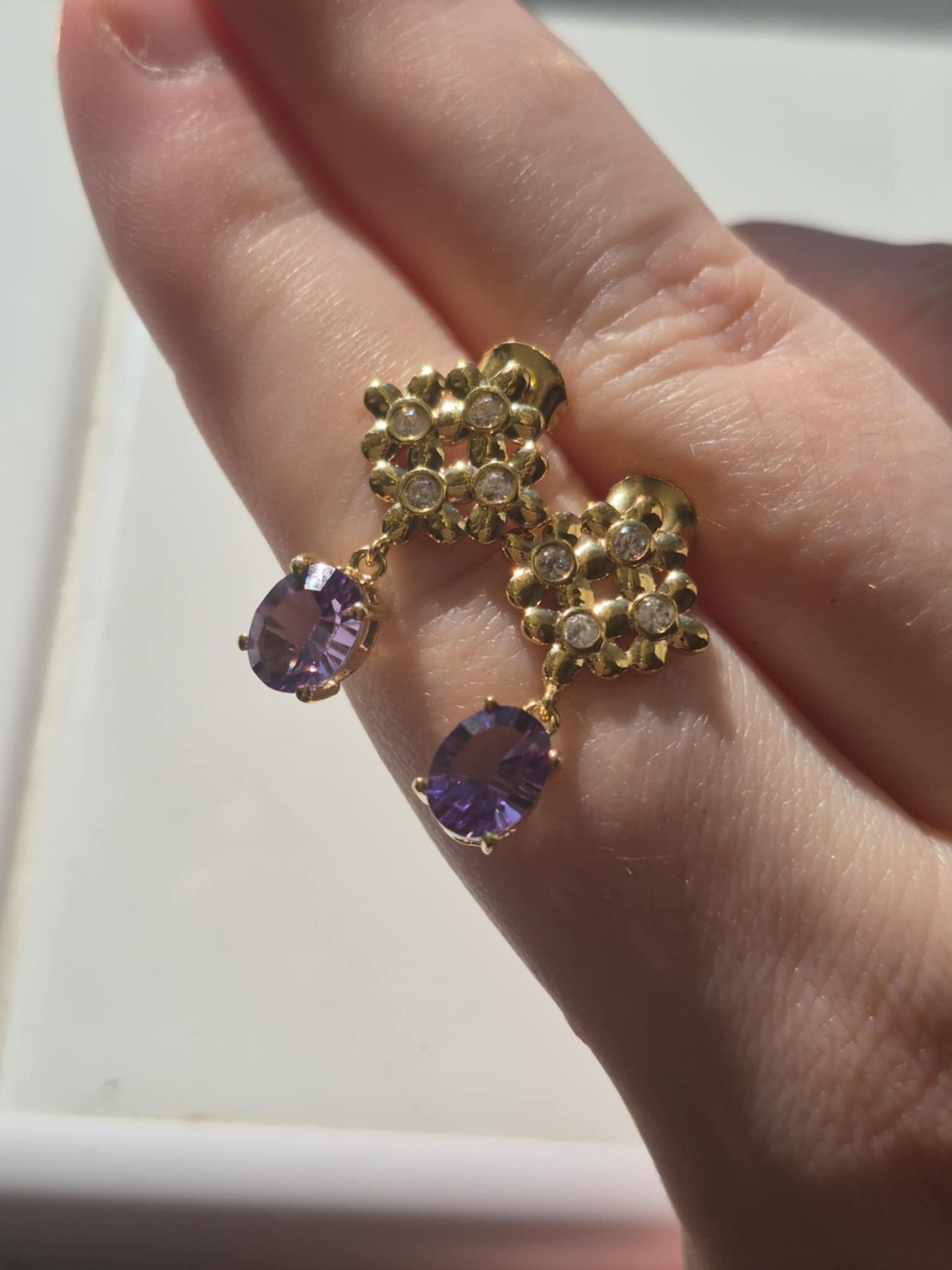 African Amethyst & White Zircon Floral Earrings in 18K Gold Overlay 925 Sterling Silver