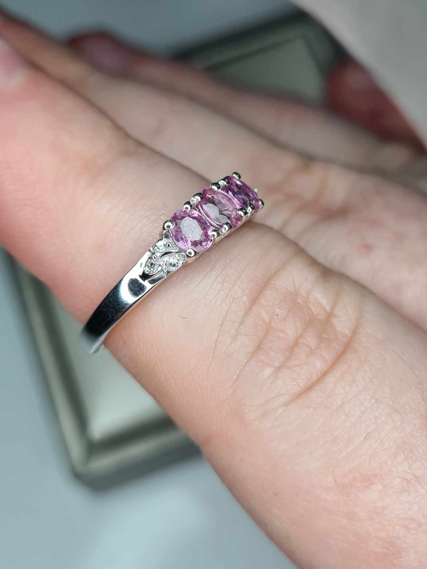 0.720ct Pink Sapphire and White Zircon Trilogy Ring in Rhodium 925 Sterling Silver SIZE K