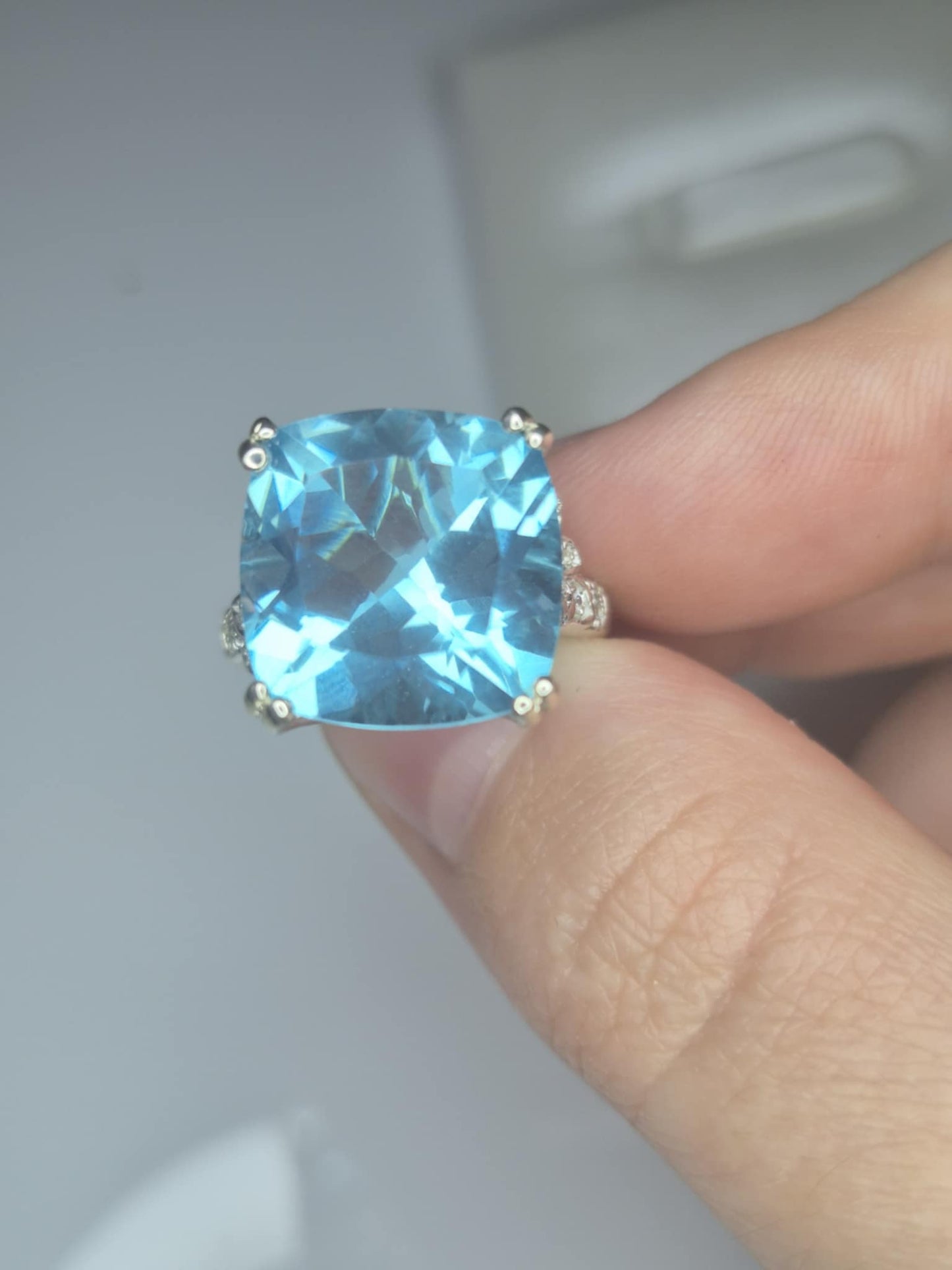 11.37ct Radiant Glacier Quartz & White Zircon Solitaire Ring in Rhodium Overlay 925 Sterling Silver SIZE L