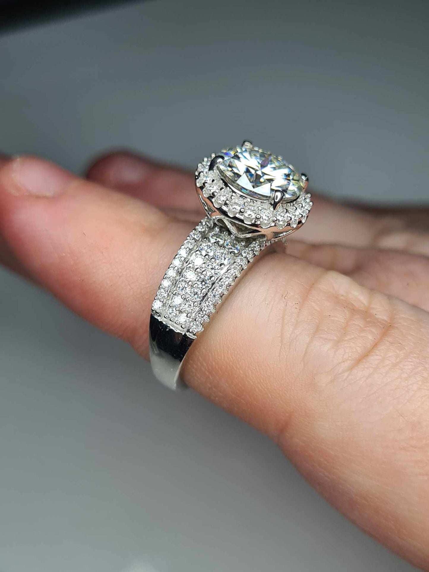 3.615 Ct. Moissanite Halo Ring In Platinum Overlay 925 Sterling Silver SIZE K