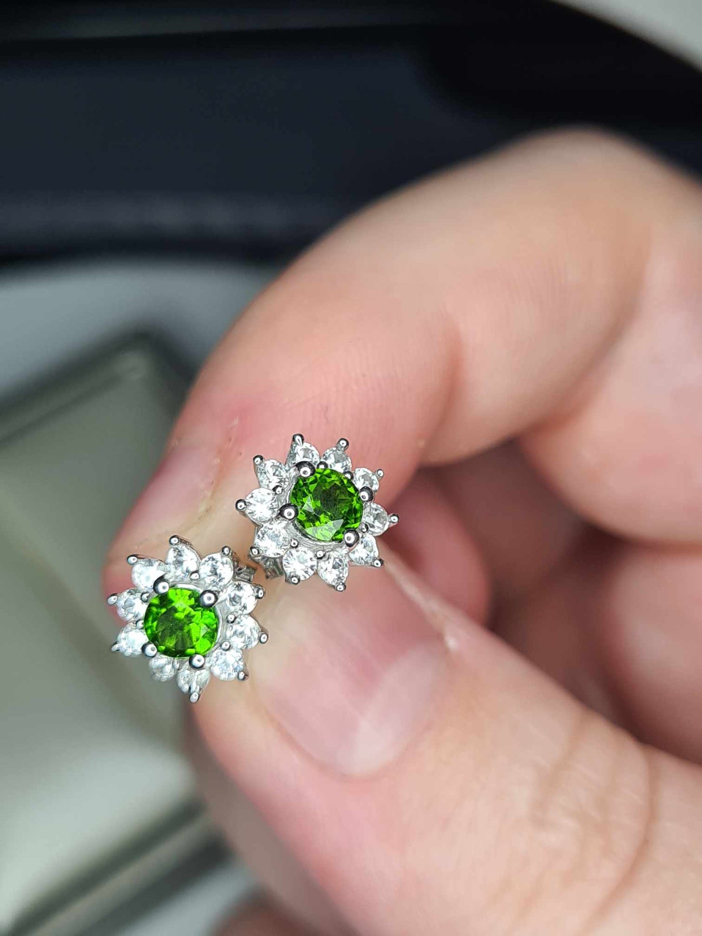 1ct Russian Diopside and natural zircon Halo Stud Earrings 925 Sterling