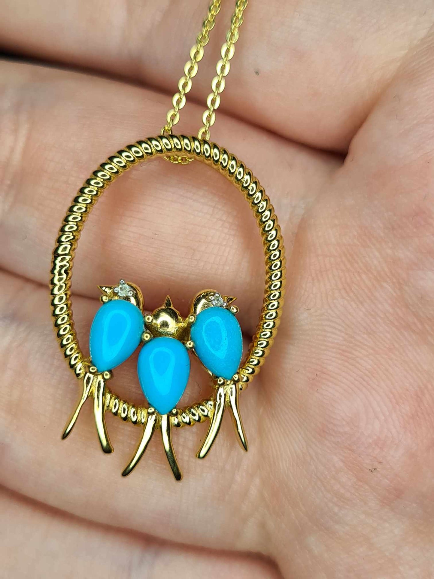 1.23 Ct Bird Arizona Sleeping Beauty Turquoise & Zircon Necklace 18k gold overlay 925 sterling silver