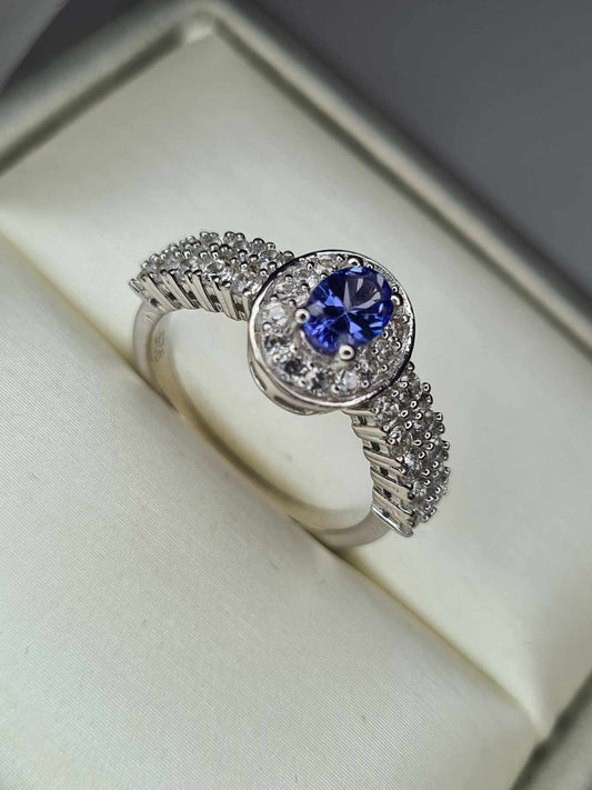 1.35ct AAA Tanzanite & Natural Zircon Ring in Platinum Overlay 925 Sterling Silver SIZE L