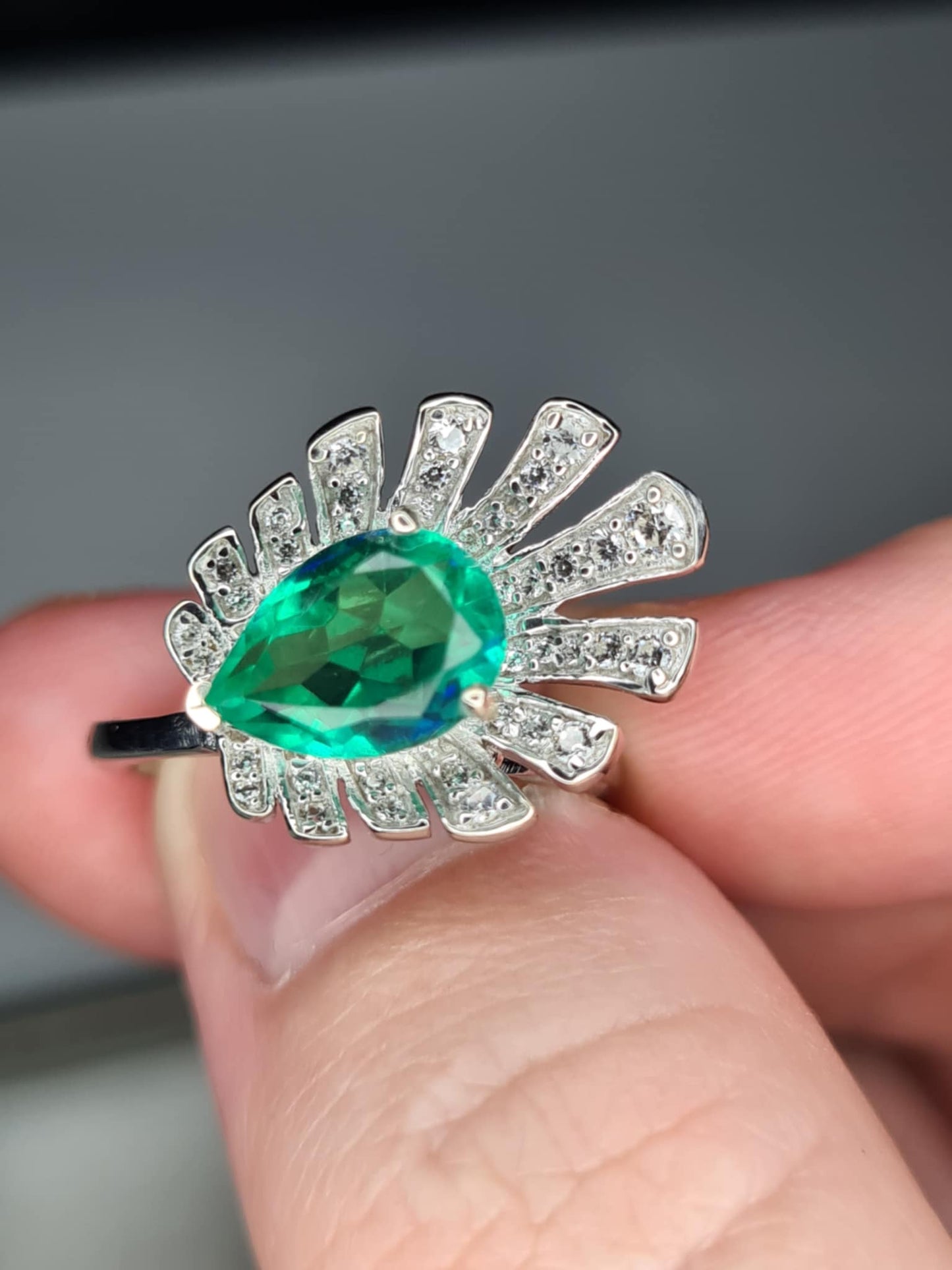 2.59 Ct Peacock Triplet Quartz, White Zircon Ring in 925 Sterling Silver SIZE K