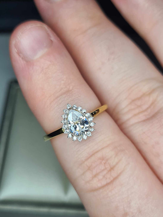 1.280ct Cubic Zirconia Pear Cut Halo Ring 18k gold overlay 925 sterling silver SIZE L