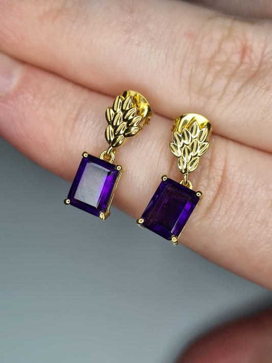 3.16ct AAA African Amethyst Dangling Earrings 18K Gold Overlay 925 Sterling Silver
