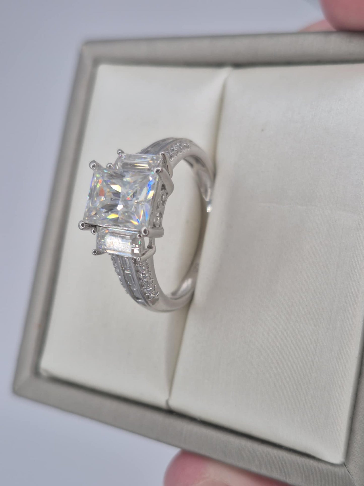 3.70ct Moissanite Trilogy Ring in Rhodium Overlay 925 Sterling Silver SIZE S