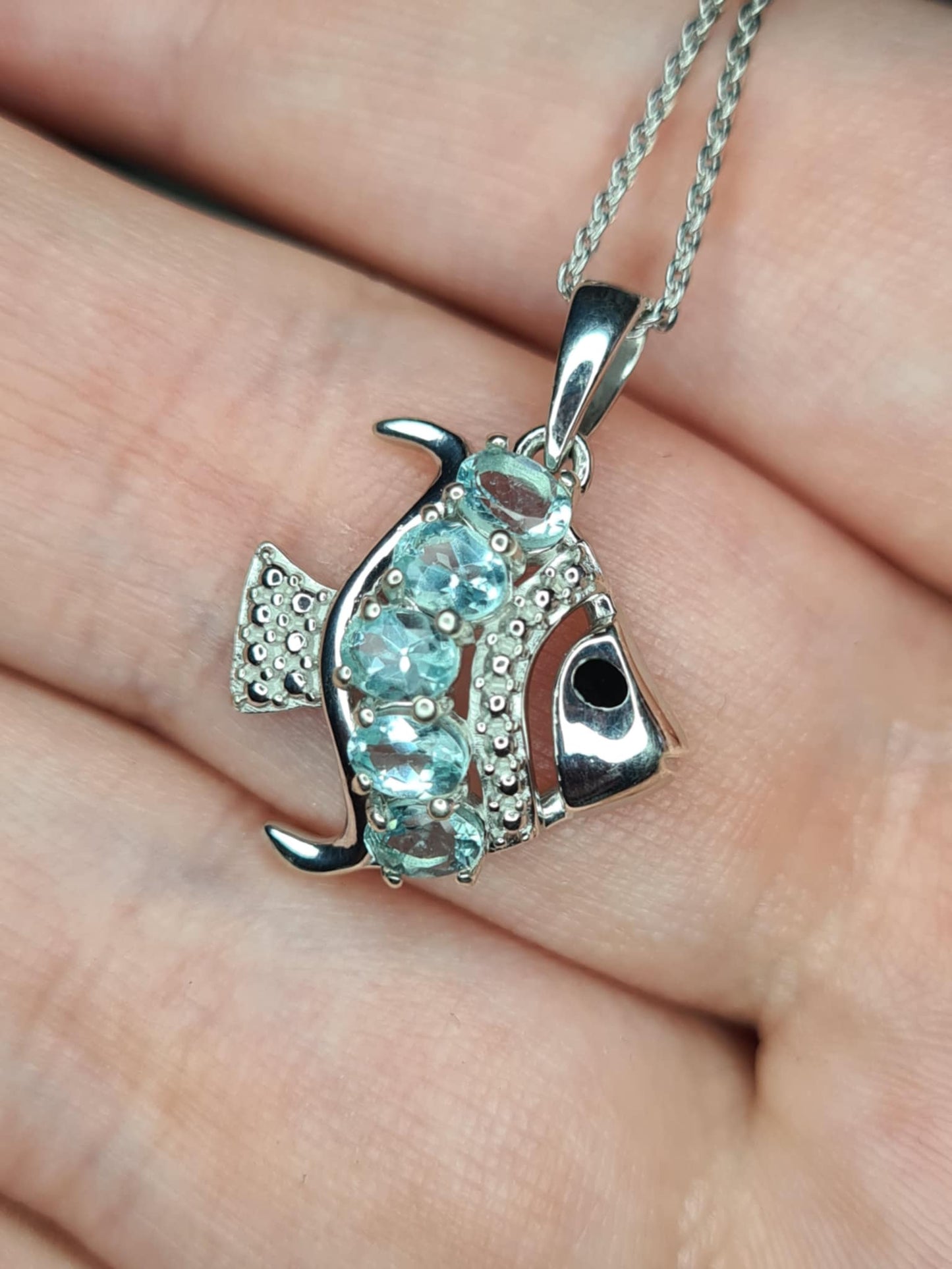 0.950ct. Lagoon Apatite Fish Necklace in Rhodium Overlay 925 Sterling Silver