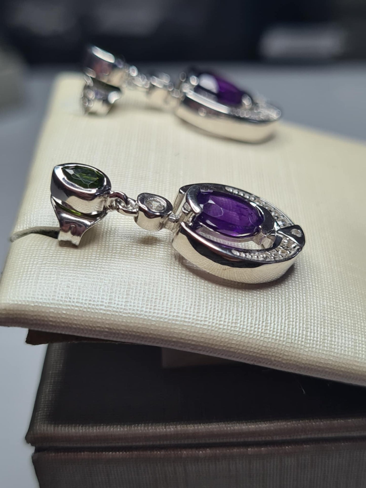 AAA African Amethyst, Natural Chrome Diopside & White Zircon Dangling Earrings 925 Sterling Silver