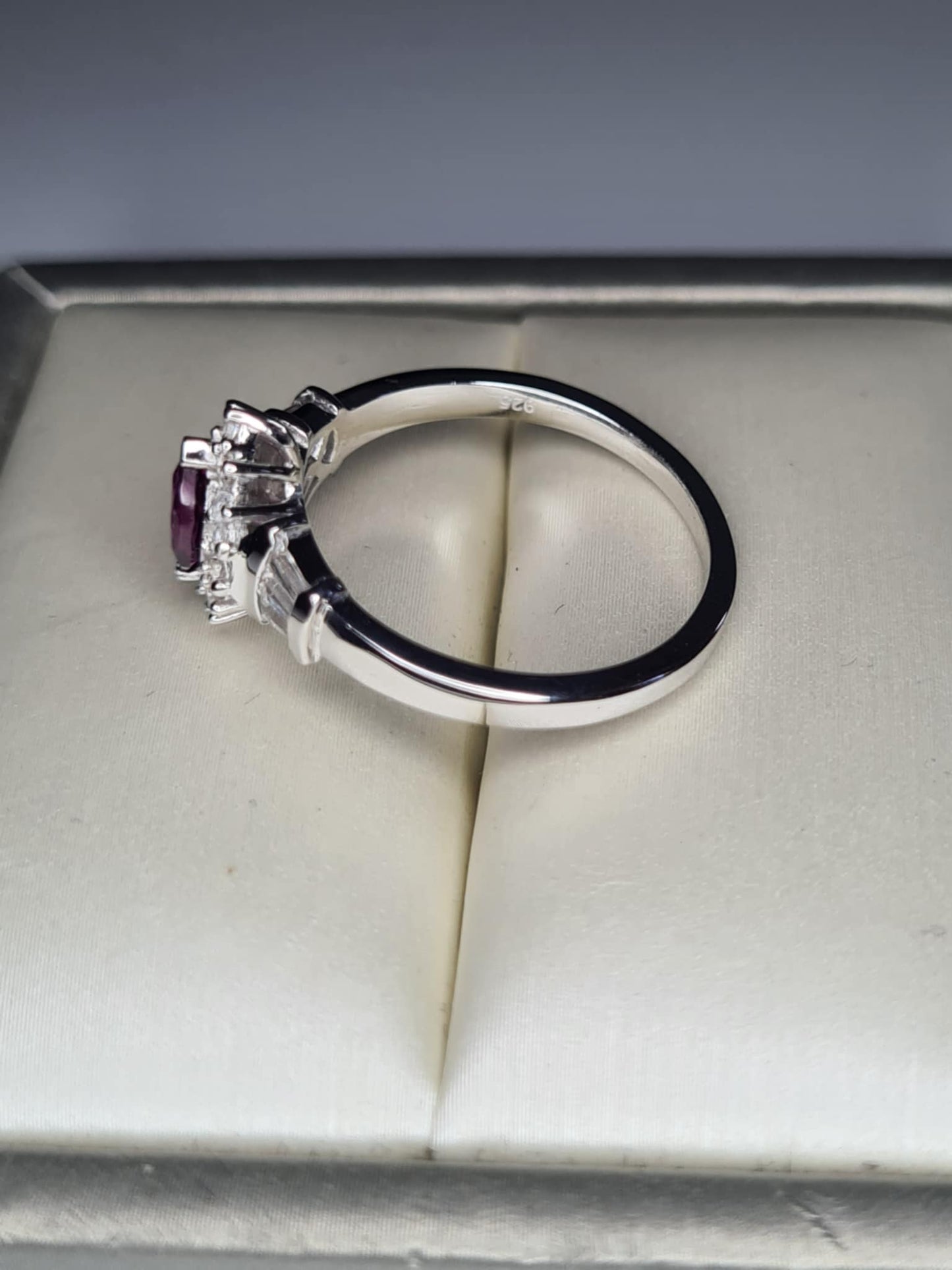 1.90ct Natural Radiant Ember Garnet, White Zircon Halo Ring in Rhodium 925 Overlay Sterling Silver SIZE P