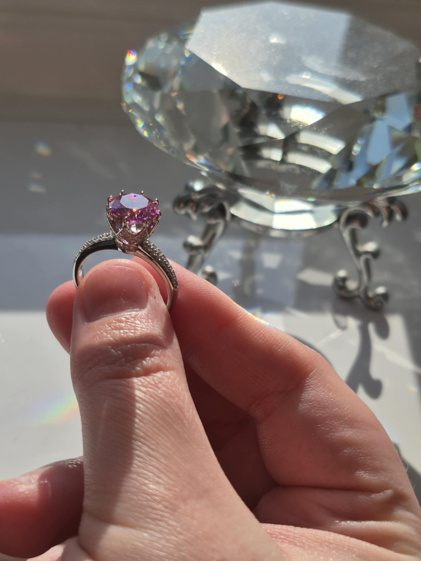 2.91ct Pink Lotus Moissanite Ring in Rhodium Overlay 925 Sterling Silver SIZE P