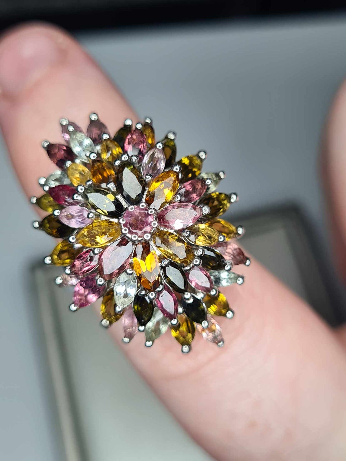 6.75 Ct Tourmaline Floral Cocktail Ring 925 Sterling Silver with a platinum overlay SIZE K