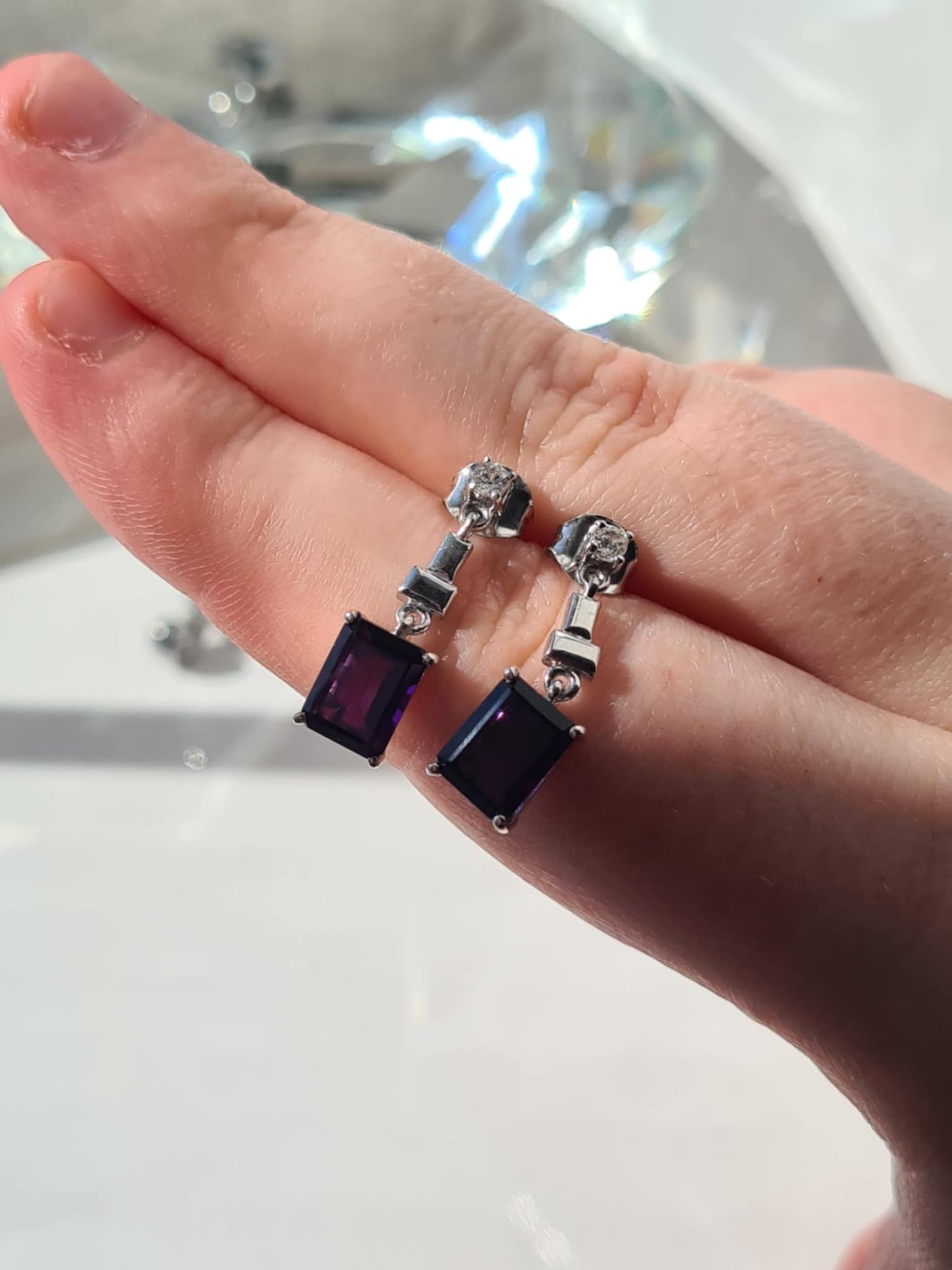 3.24ct AAA African Amethyst & White Zircon Dangling Earrings in Rhodium Overlay 925 Sterling Silver