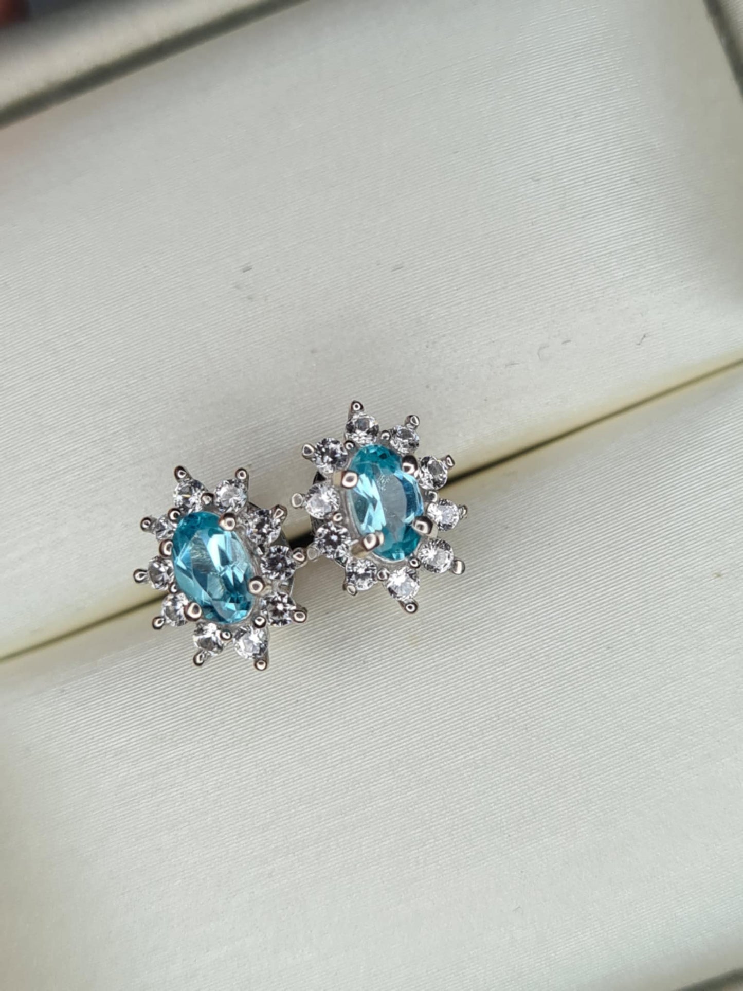 0.90ct Blue Lagoon Apatite and Natural Zircon Halo Earrings in Rhodium Overlay 925 Sterling Silver
