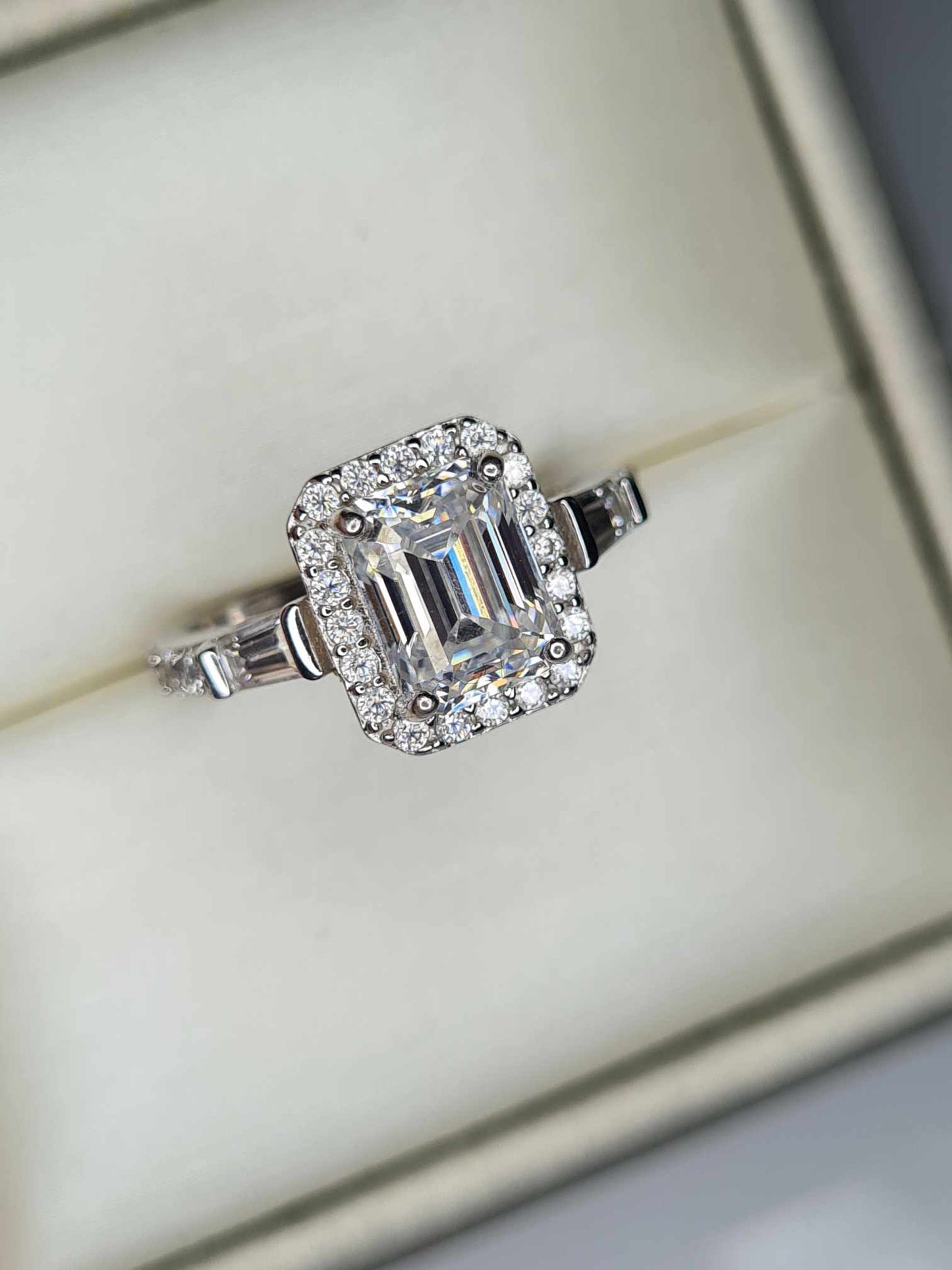 2.42 Ct Moissanite Halo Ring in 925 Sterling Silver with Rhodium Overlay SIZE Q