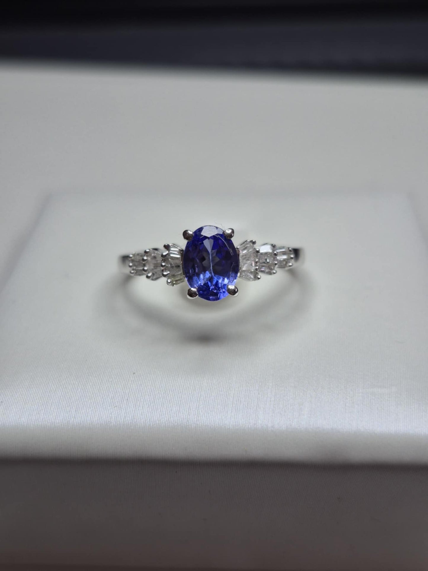 Tanzanite & White Diamond Ballerina Ring Rhodium Overlay 925 Sterling Silver SIZE M