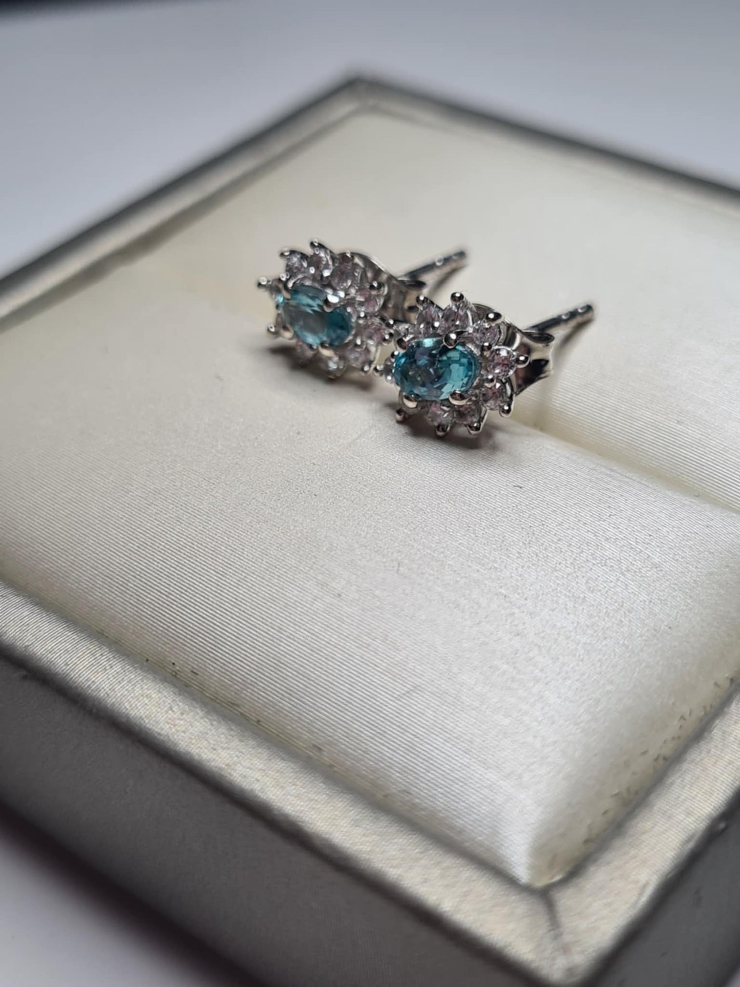 0.90ct Blue Lagoon Apatite and Natural Zircon Halo Earrings in Rhodium Overlay 925 Sterling Silver