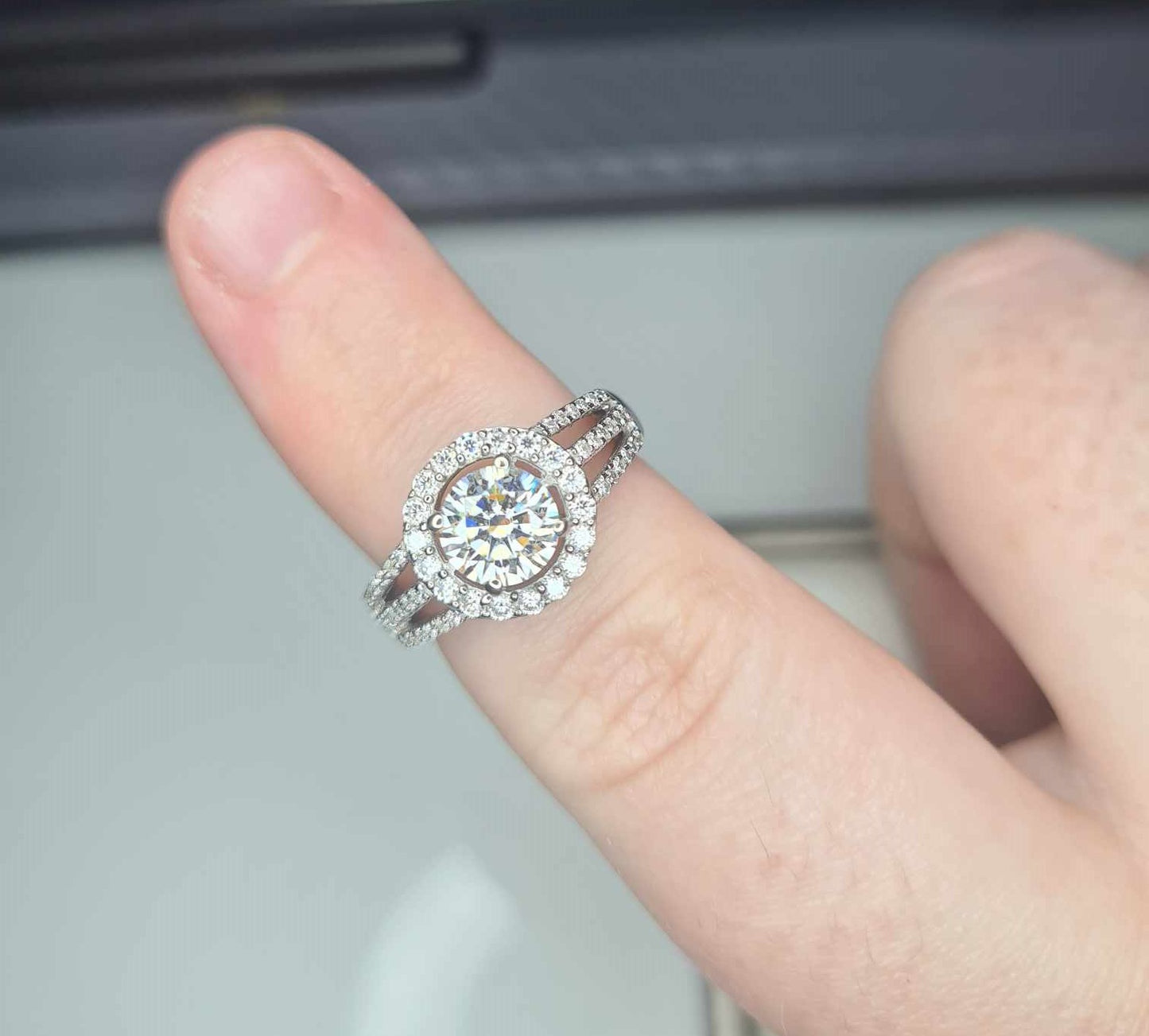 1.42ct Moissanite Halo Ring in Platinum Overlay 925 Sterling Silver SIZE L