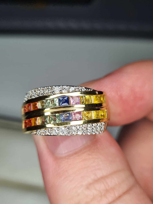 2ct Rainbow Sapphire & Natural Zircon Cluster Band Ring in 18K Gold Overlay 925 Sterling Silver SIZE J