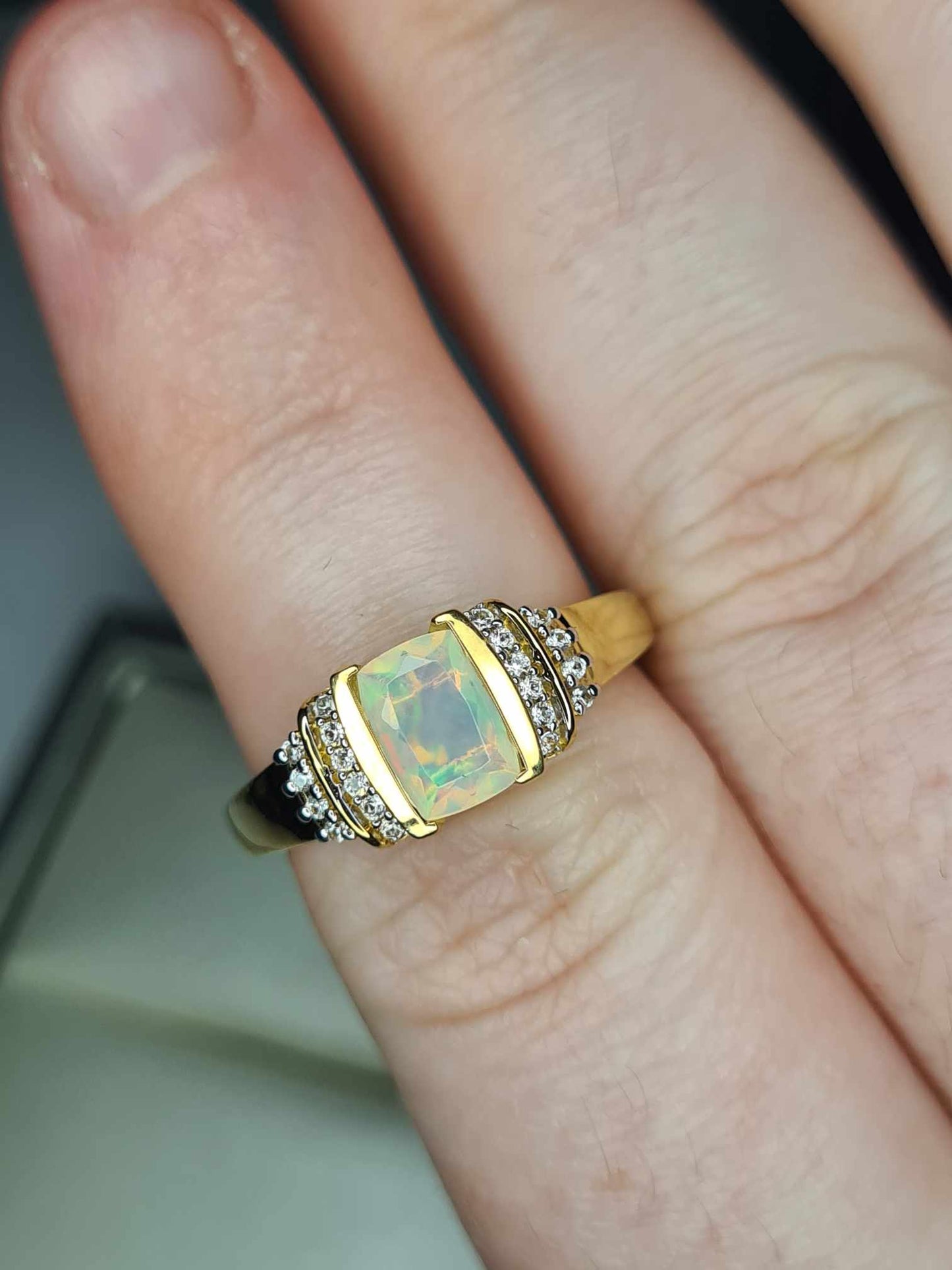Ethiopian Welo Opal & Natural Zircon Ring in 18K Yellow Gold Overlay 925 Sterling Silver SIZE M