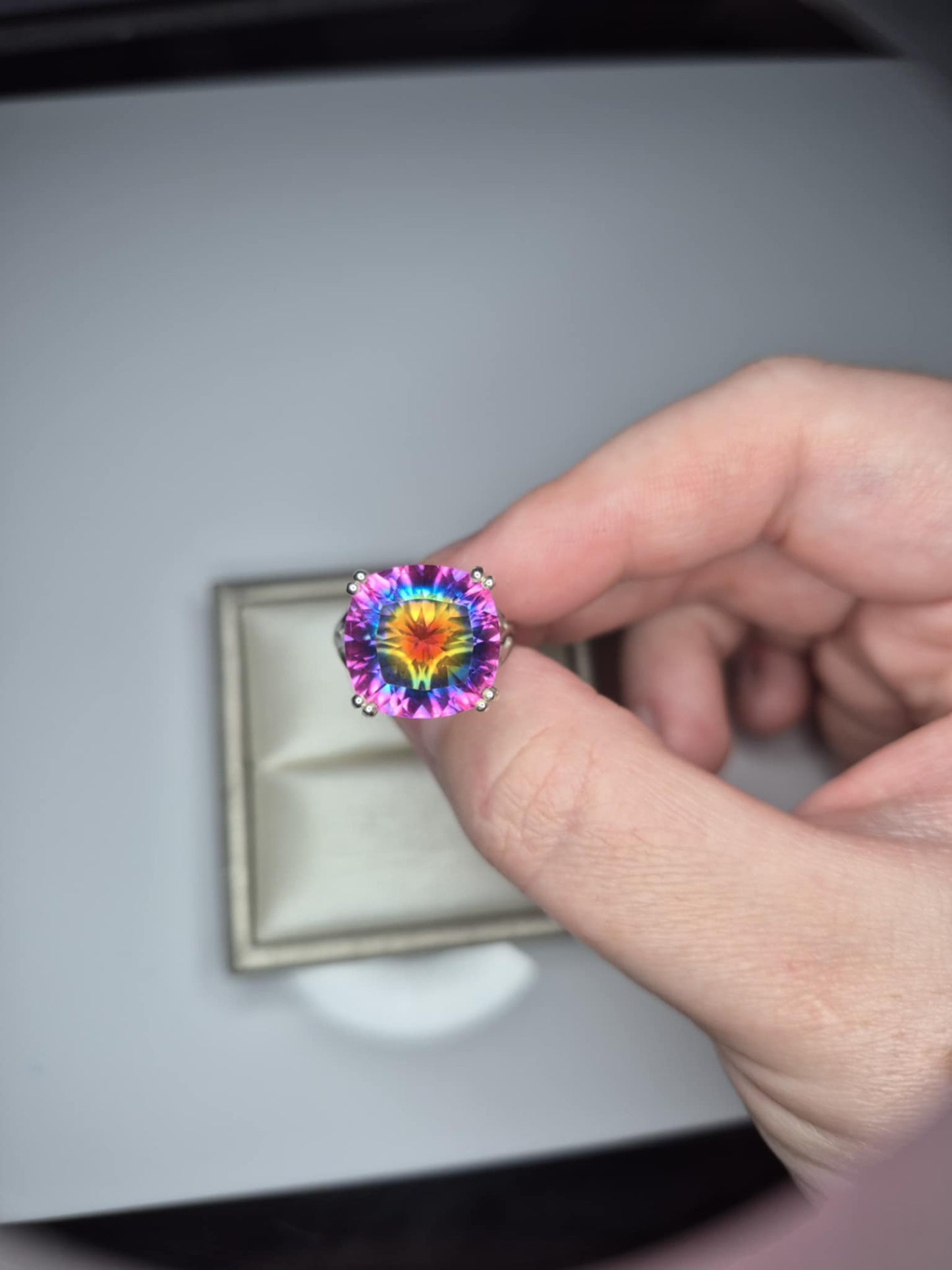 11.06ct Nebula Quartz Doublet Solitaire Ring in Rhodium Overlay 925 Sterling Silver