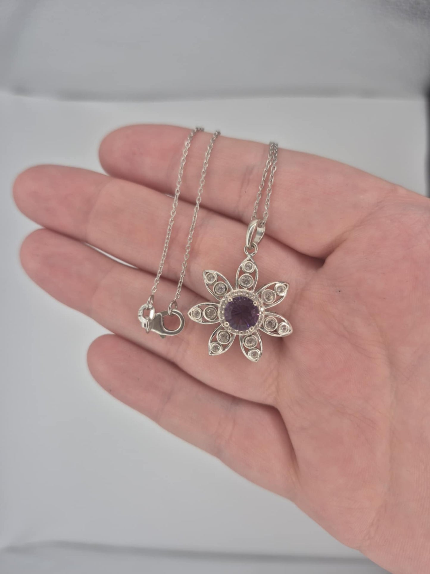 2.220ct. Flower Amethyst & White Zircon Necklace in Rhodium Overlay 925 Sterling Silver