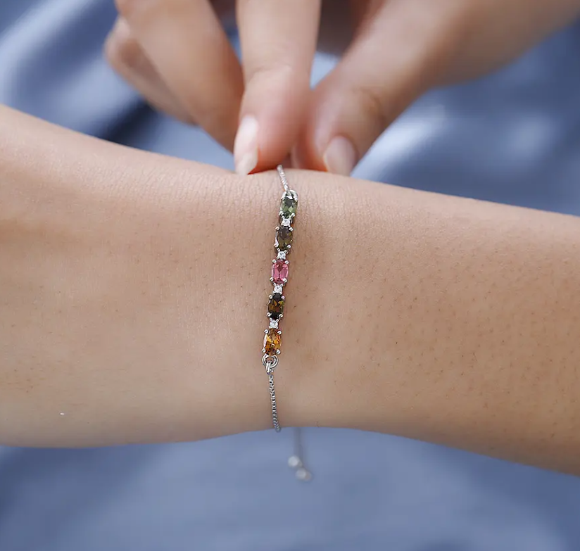 Multi-Tourmaline Adjustable Bolo Bracelet in Platinum Overlay 925 Sterling Silver