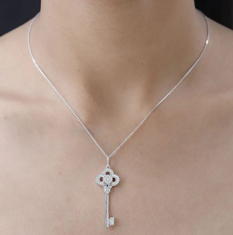 Moissanite Key Necklace Platinum Overlay 925 Sterling Silver