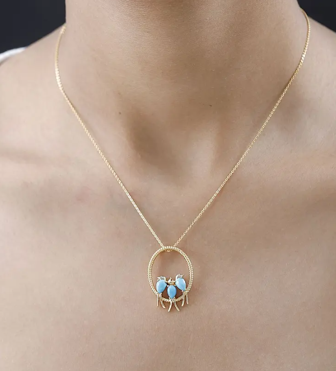 1.23 Ct Bird Arizona Sleeping Beauty Turquoise & Zircon Necklace 18k gold overlay 925 sterling silver