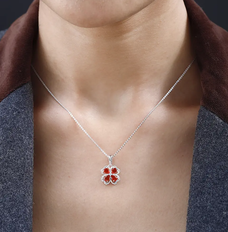 0.790ct. Fire Opal & Natural Zircon Clover Necklace in Platinum Overlay 925 Sterling Silver